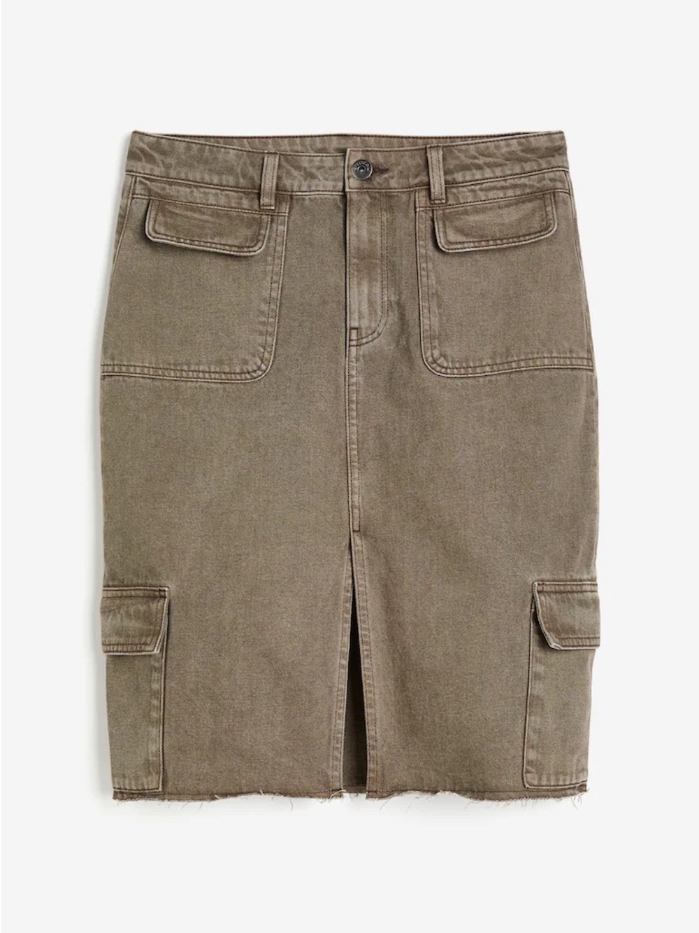 H&M Denim Brown Cargo Utility Raw Hem Skirt Size 6 Edgy Minimalist Rugged Chic